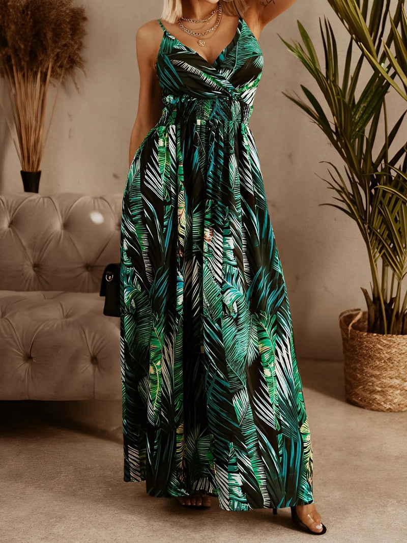 Smocked Printed Surplice Maxi Cami Dress front view
