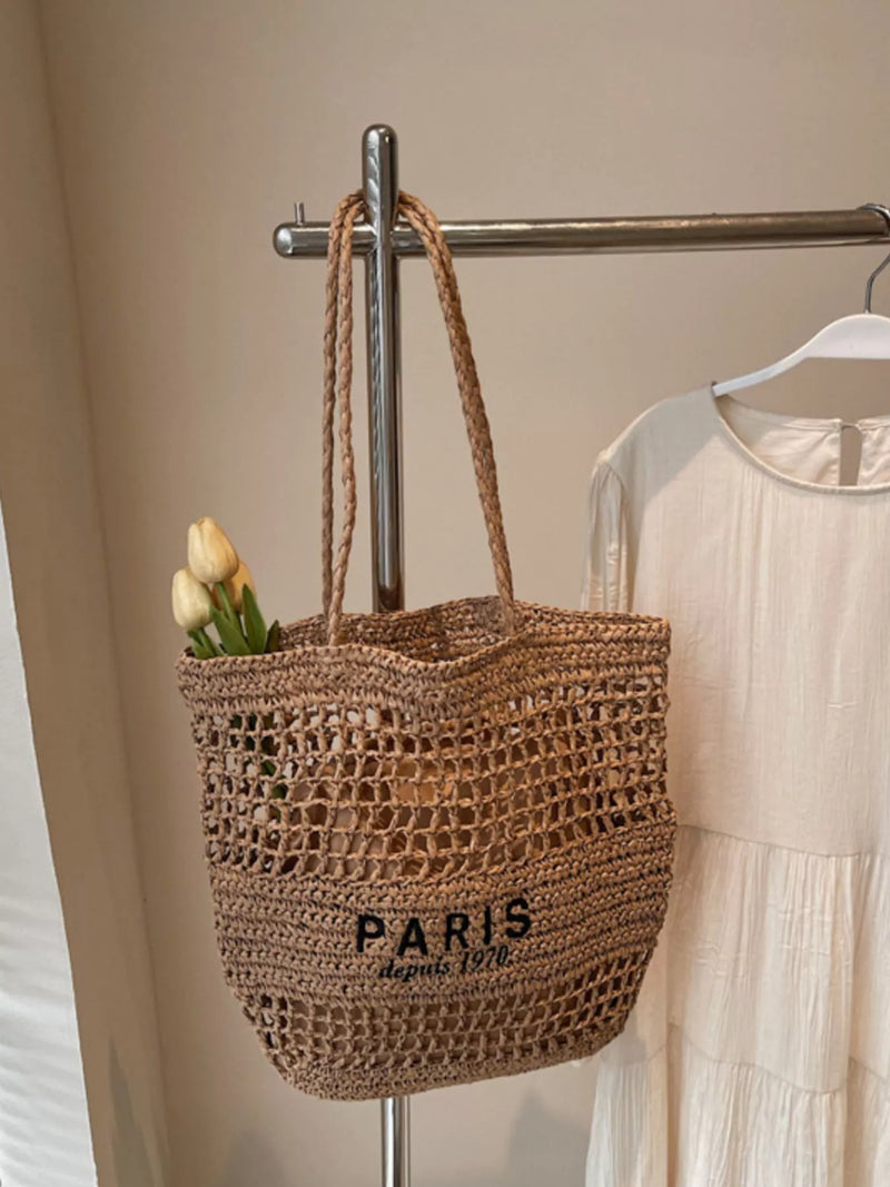 Khaki woven straw shoulder bag front view