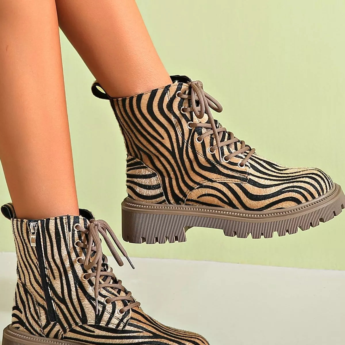 Animal print lace up ankle boots top opening view