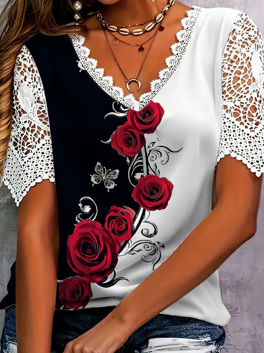 Full Size Printed Lace Sleeve V-Neck T-Shirt Plus Size Scarlet - Fashorio