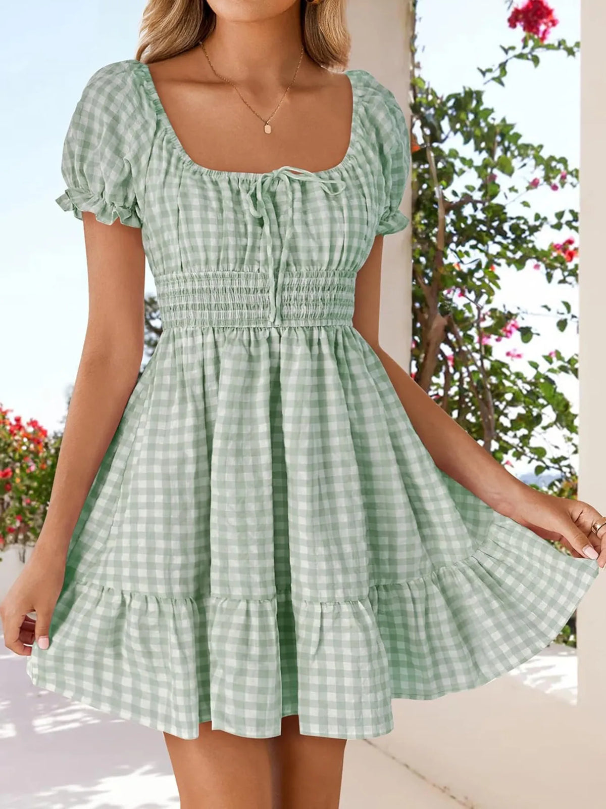 Gingham Smocked Puff Sleeve Summer Dress in Yellow view 7