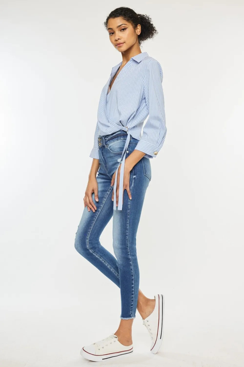 Raw frayed hem on high waist skinny jeans
