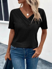 Short Sleeve V-Neck Ruched T-Shirt Black - Fashorio