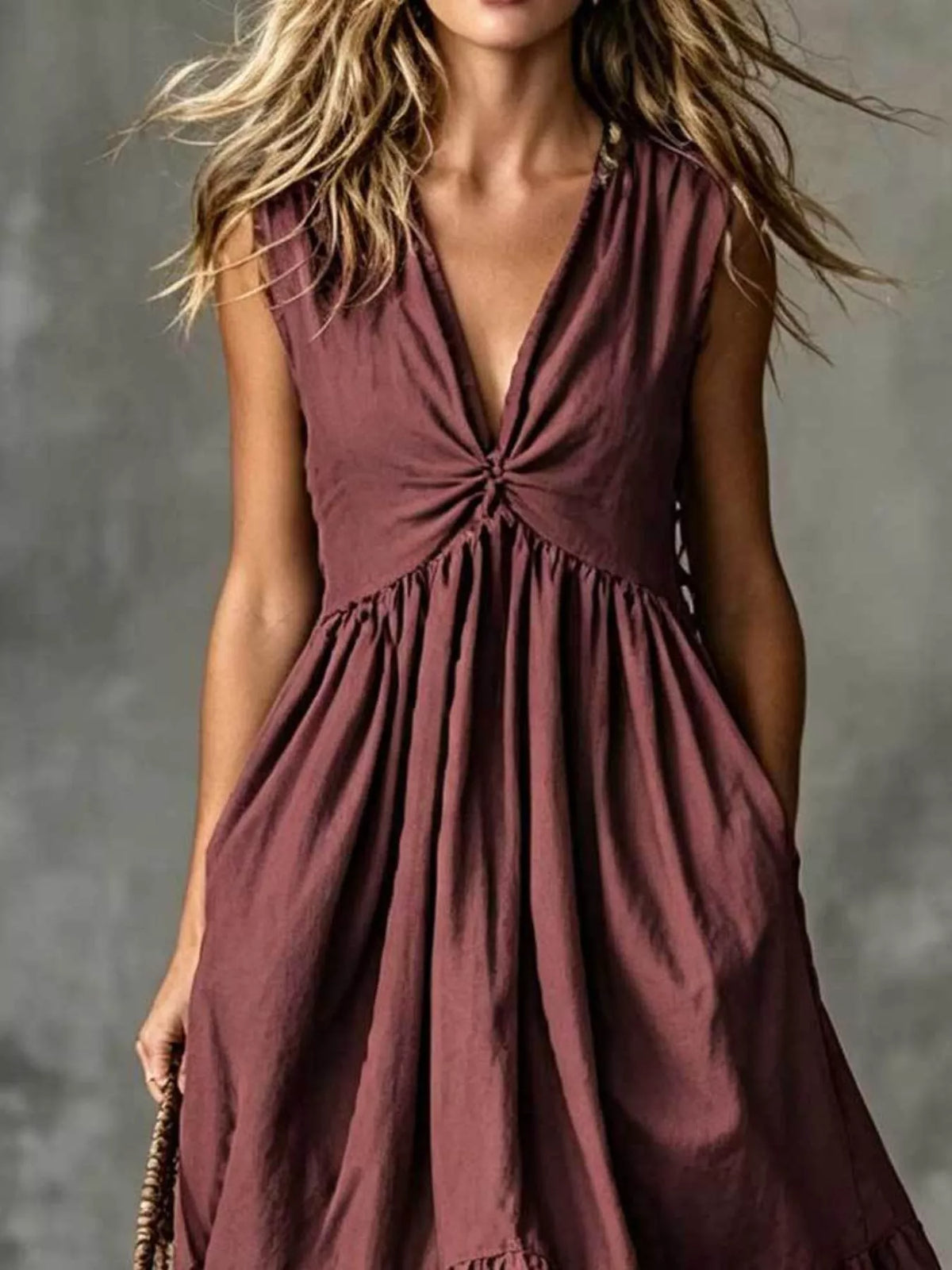 Tiered long dress shown from the side
