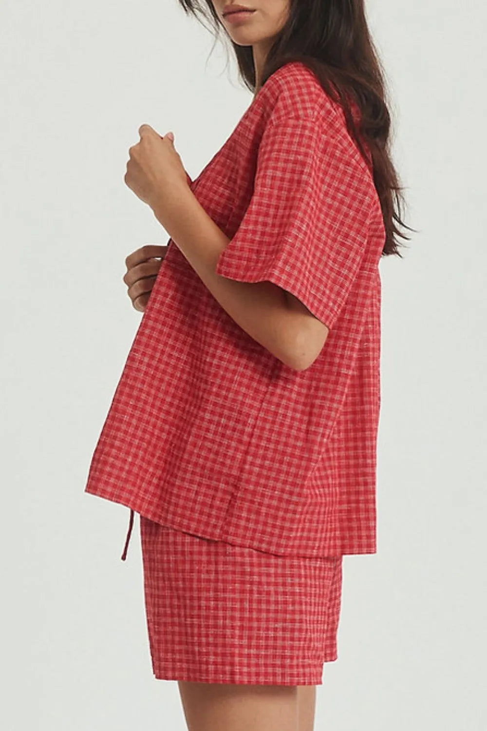 Plaid Tied Scoop Neck Short Sleeve Top and Drawstring Shorts Set close up