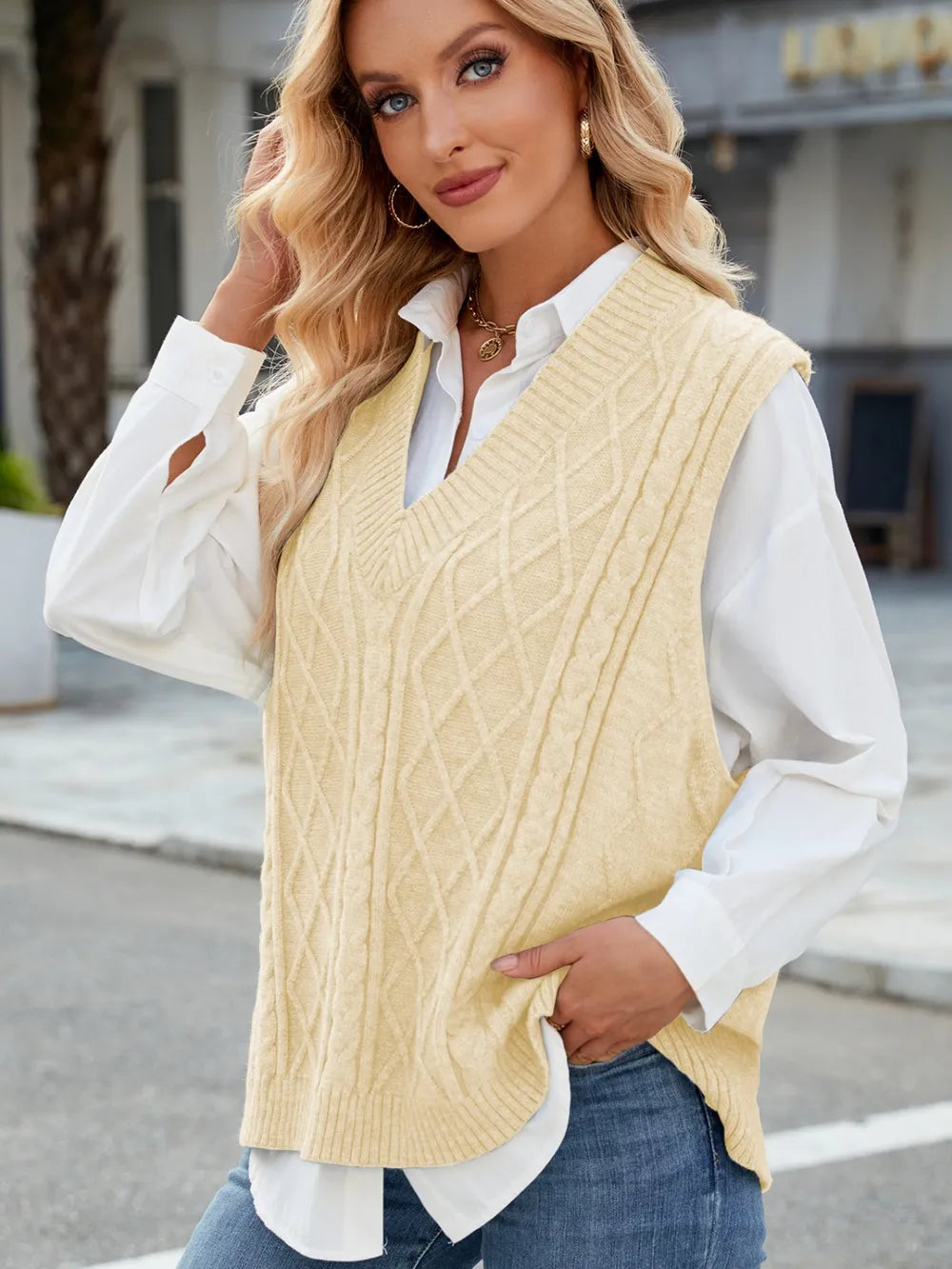 Cable Knit V Neck Sweater Vest in Gray view 15