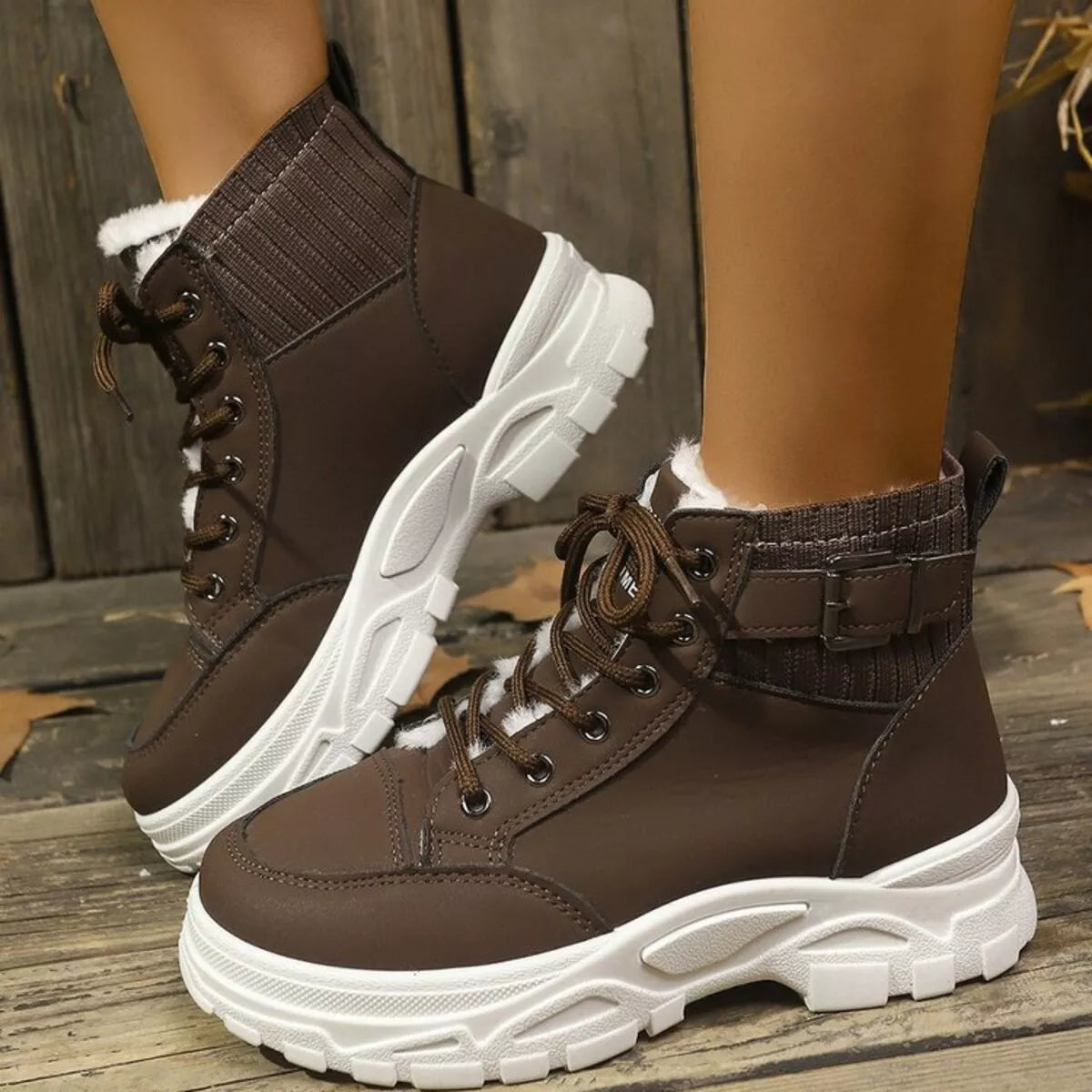 Plush lining lace up boots front view