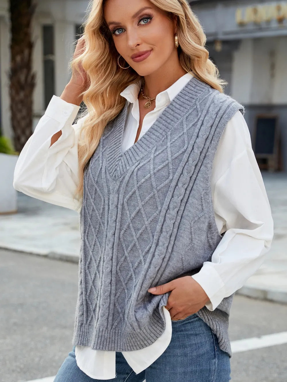 Cable Knit V Neck Sweater Vest in Gray back view