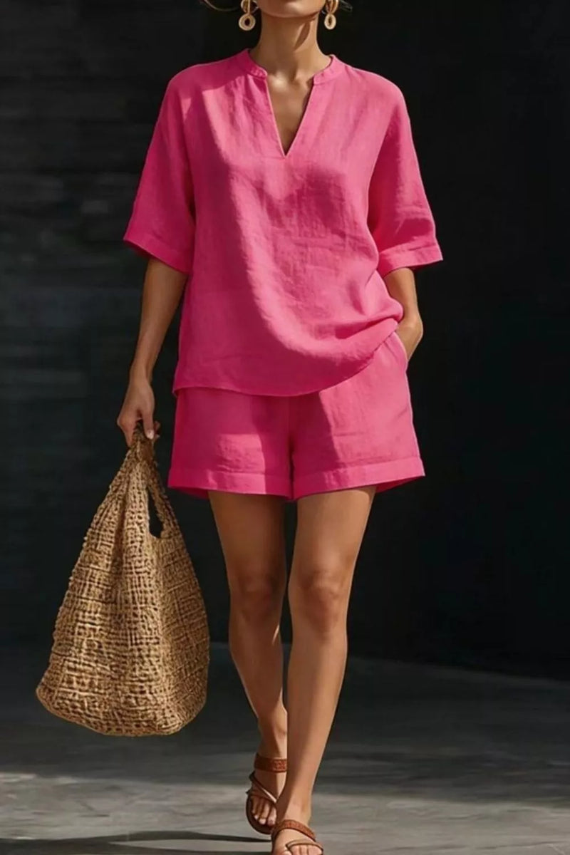 Notched half sleeve top and shorts set front view