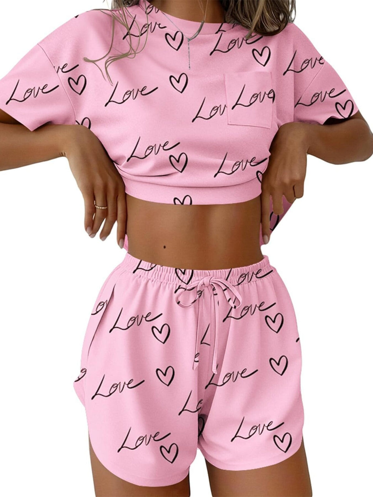 Printed round neck tee and shorts set front view