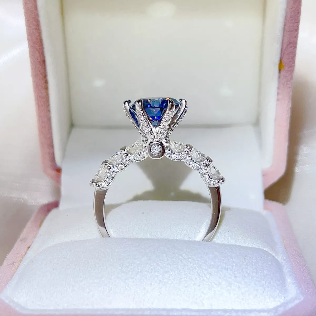Top view of the 3 carat blue moissanite ring