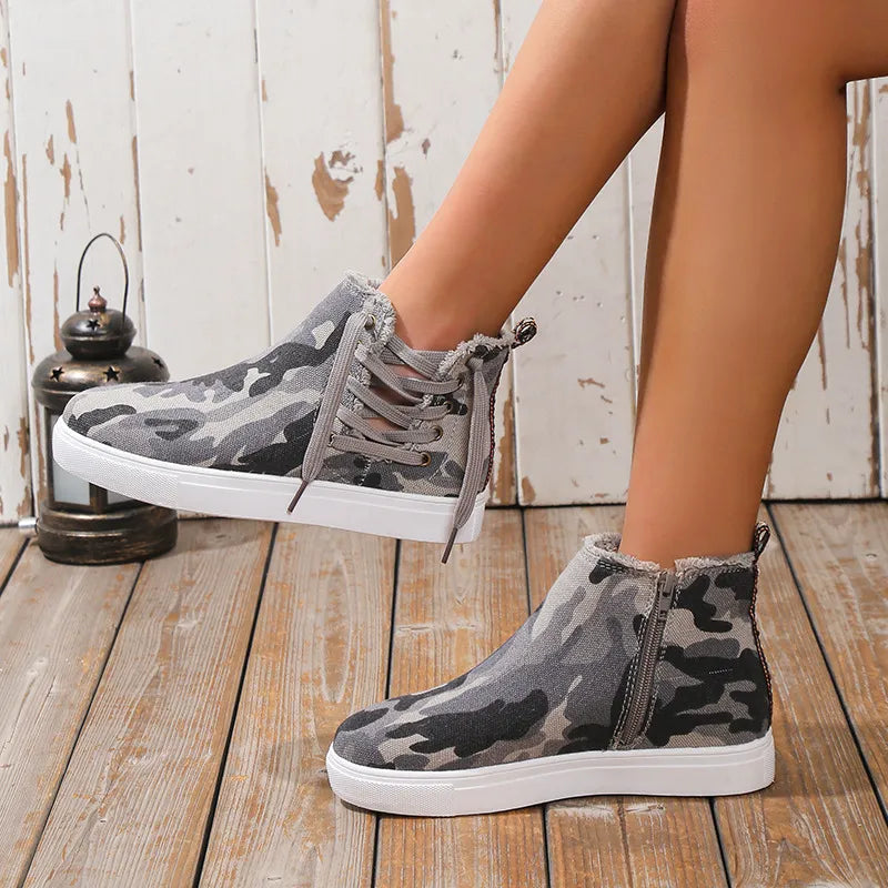 Lace Up Round Toe Canvas Boots with Side Zip styled with a dress