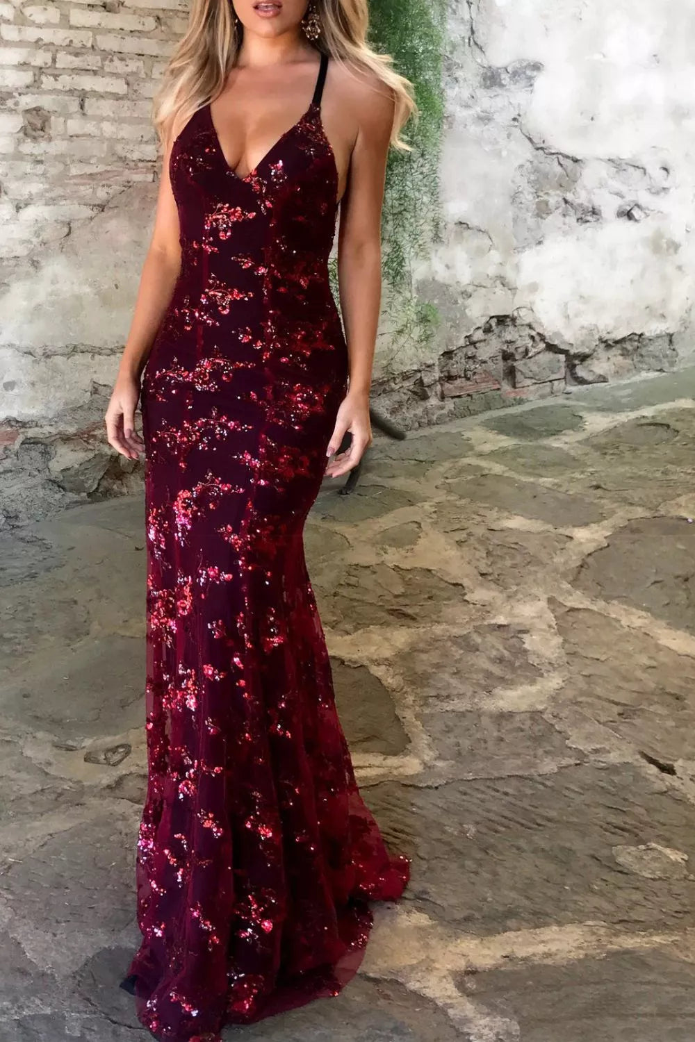 Sequin Tie Back V Neck Maxi Dress full length view