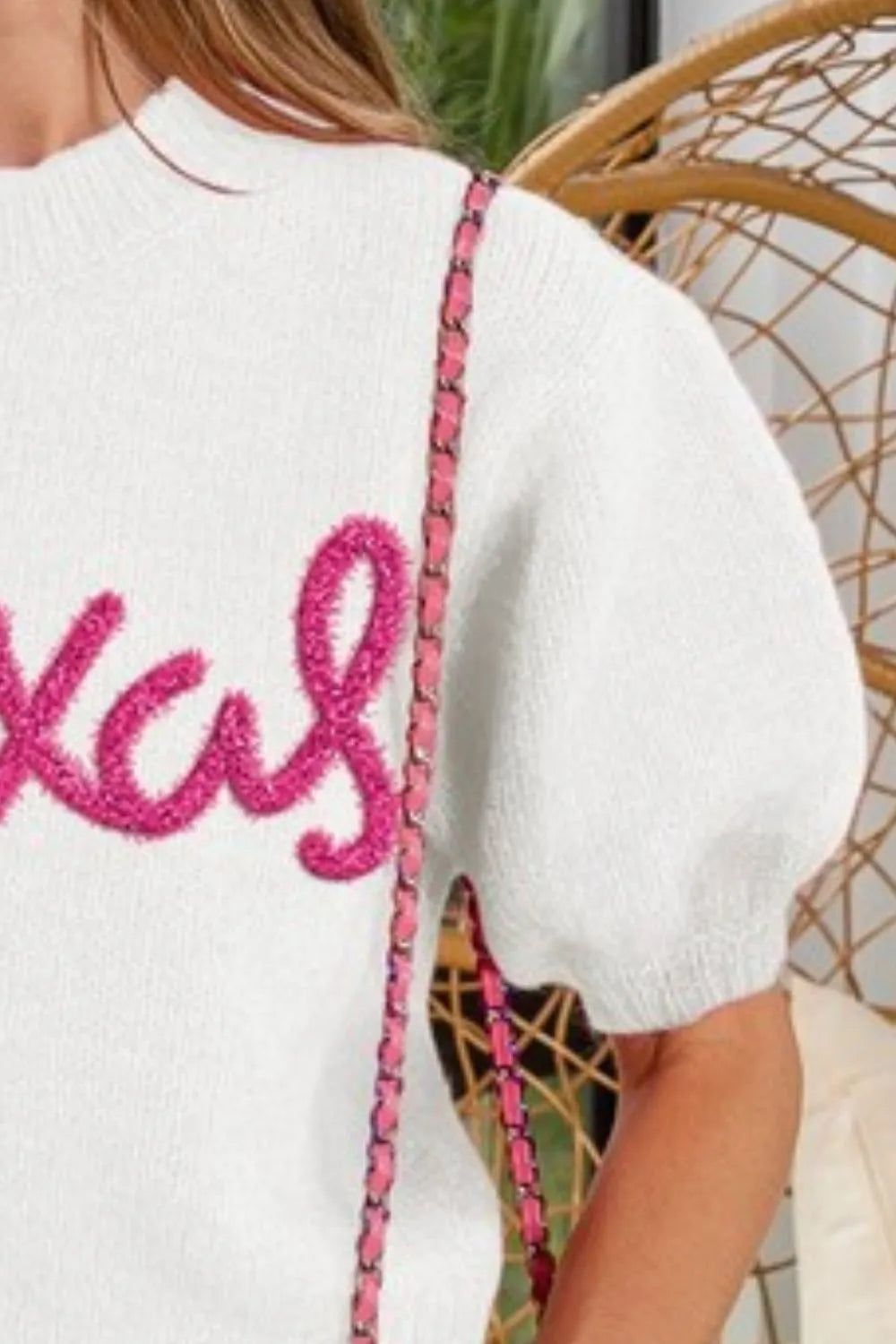 BiBi Metallic Letter Short Puff Sleeve Hairy Sweater - Fashorio