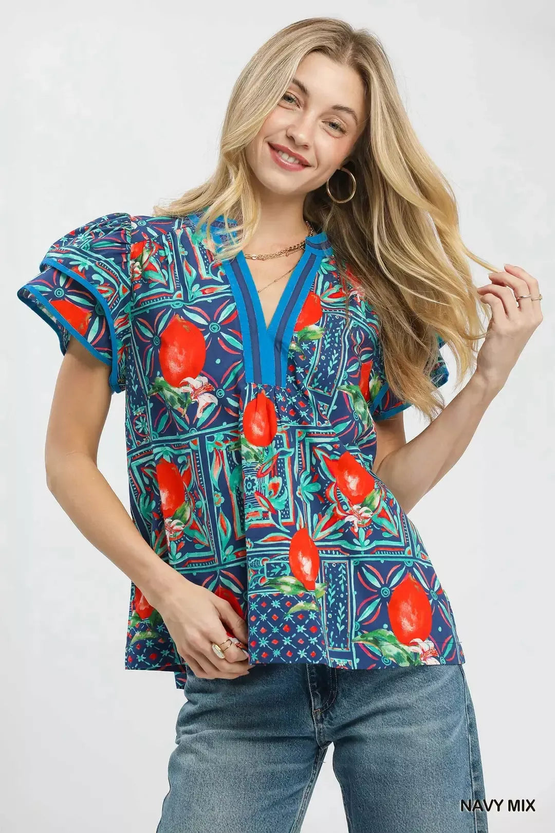 Navy abstract print flutter sleeve blouse front view