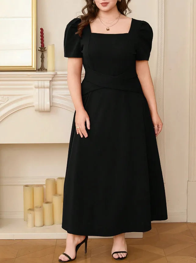 plus size square neck puff sleeve midi dress neckline detail