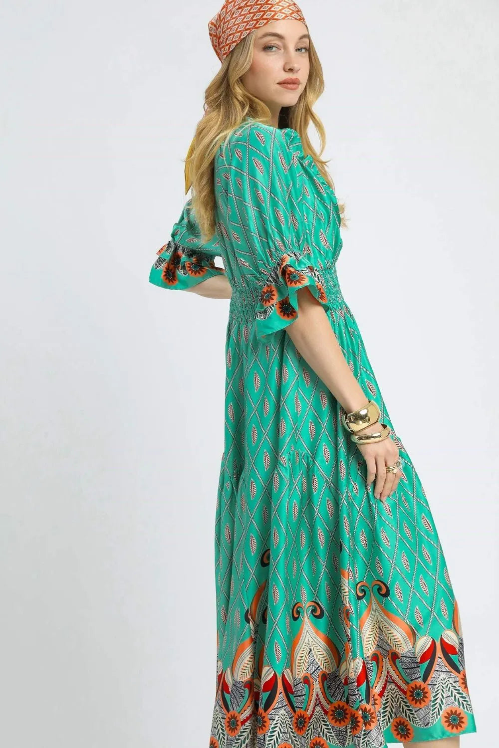 Printed Smocked Waist Flounce Sleeve Midi Dress back view