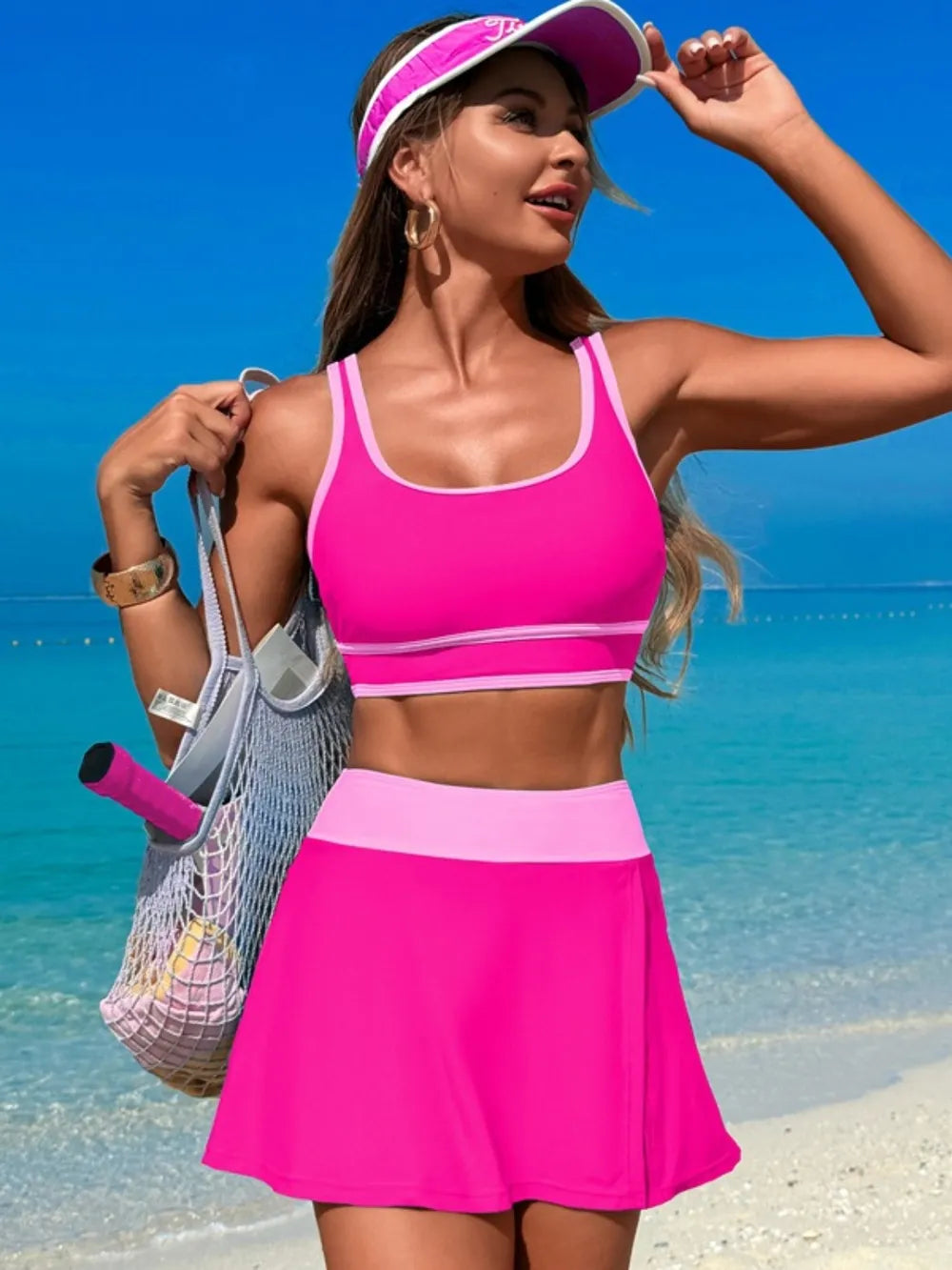Scoop neck top and skort swim set front view