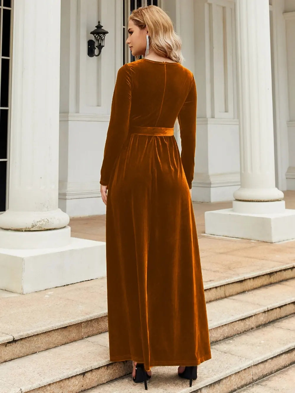 tie front long sleeve maxi dress hemline detail