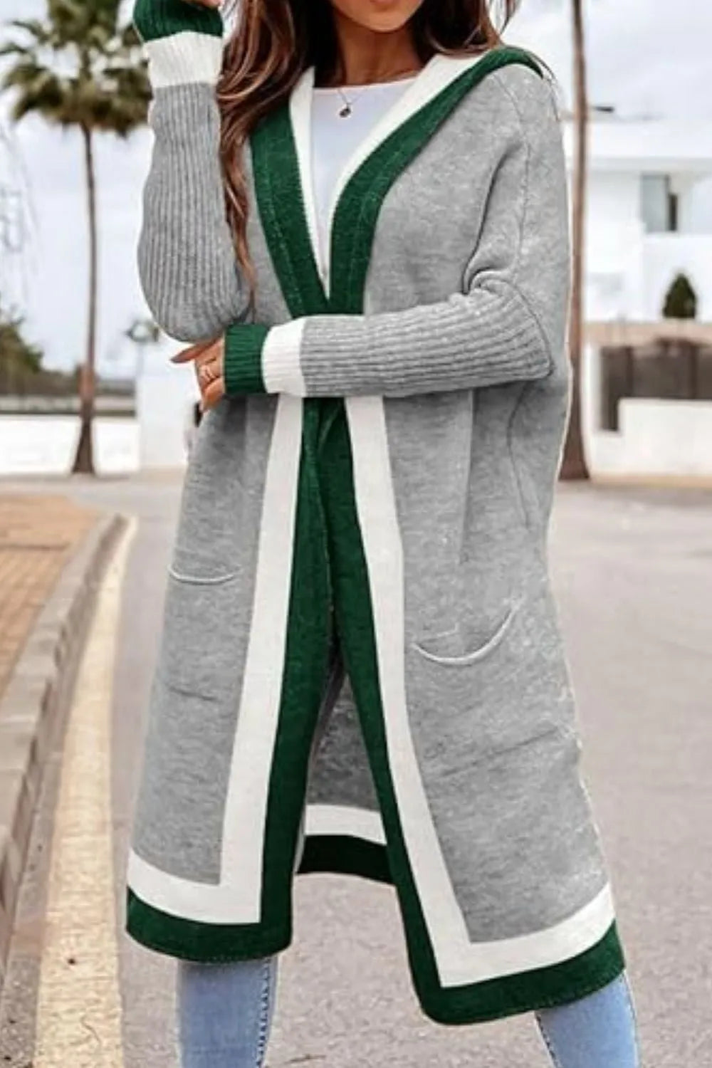 Pocketed Contrast Long Sleeve Hooded Cardigan - Fashorio
