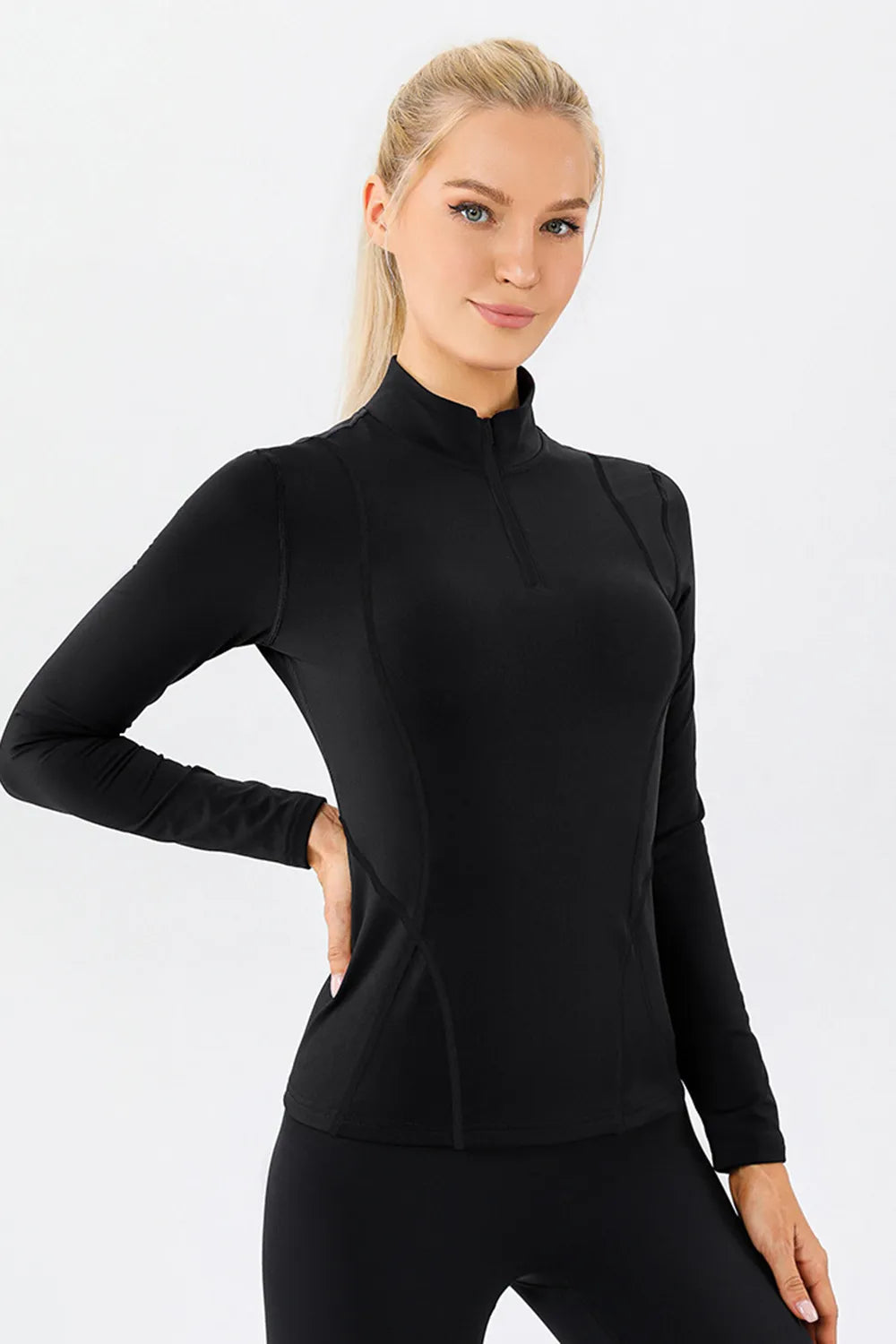 mock neck quarter zip active top front view