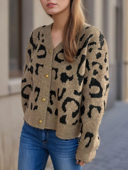 Leopard V-Neck Button Up Cardigan - Fashorio