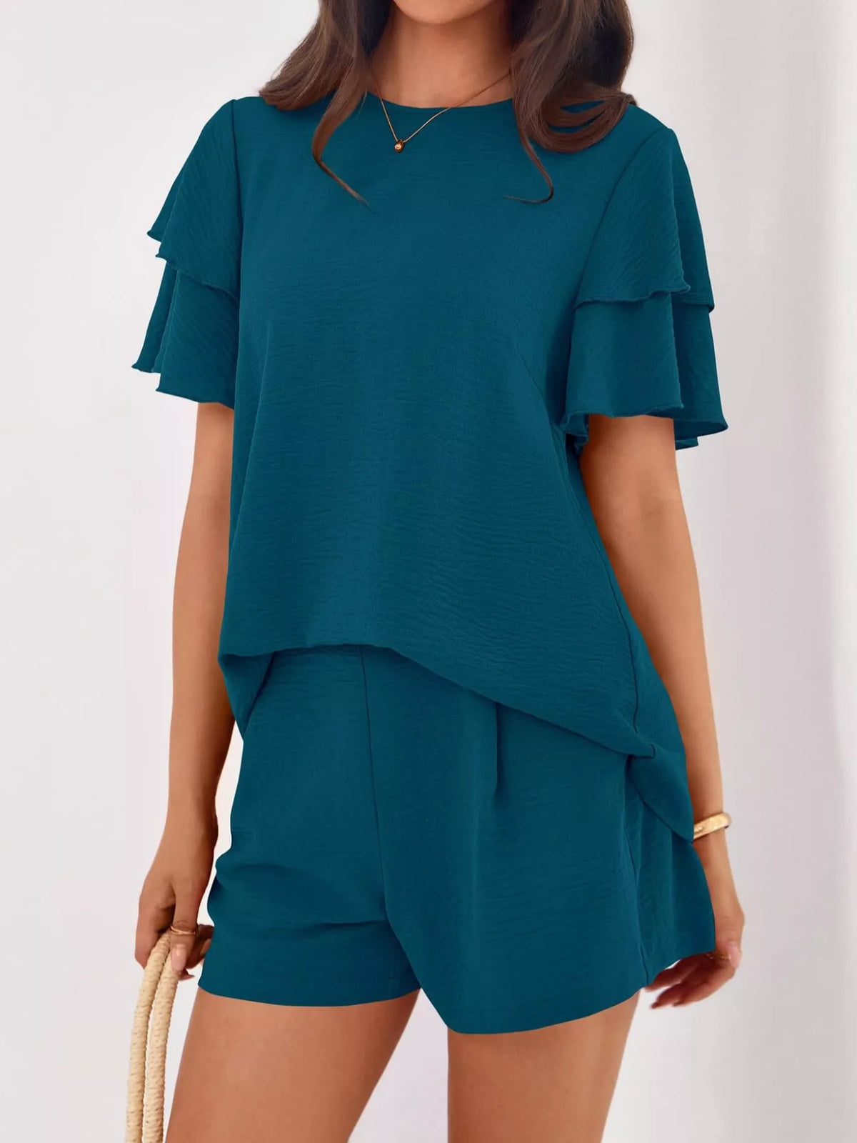 Ruffle sleeve top and matching shorts styled