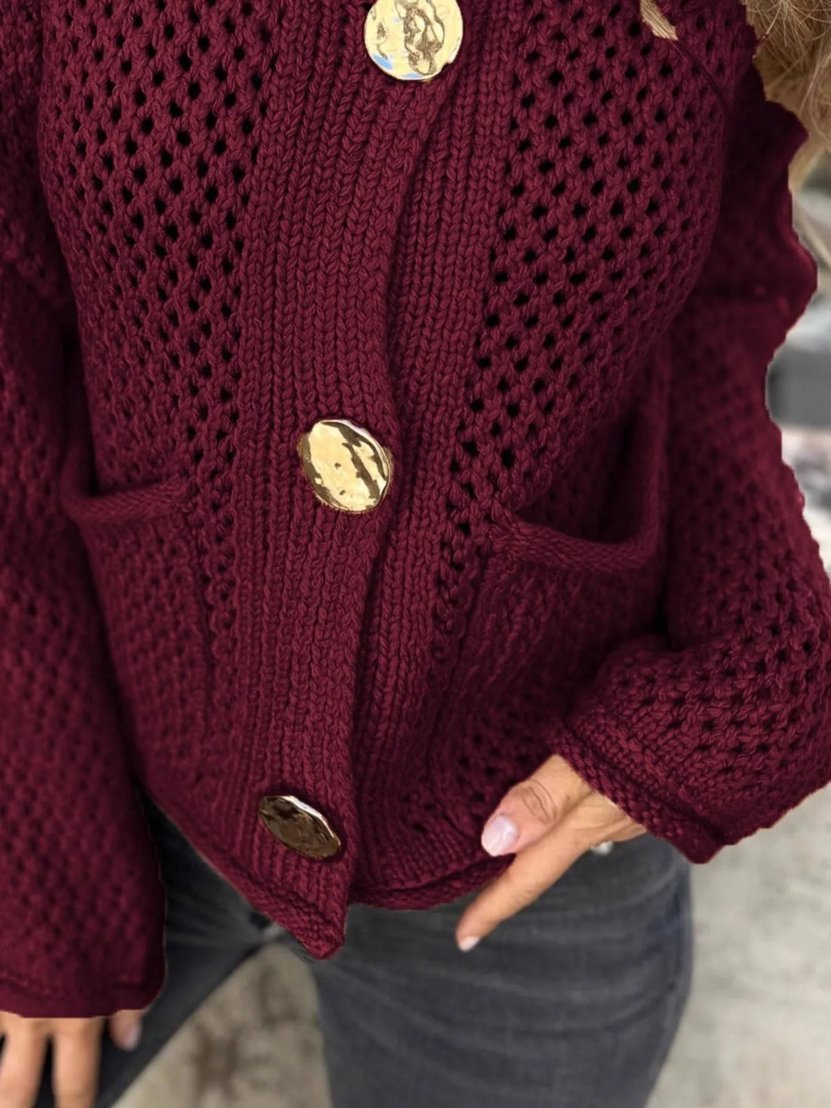 crochet button up cardigan styled on model