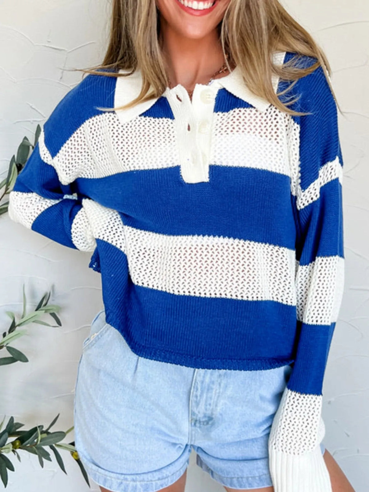 Dusty blue striped crochet polo cover up back view