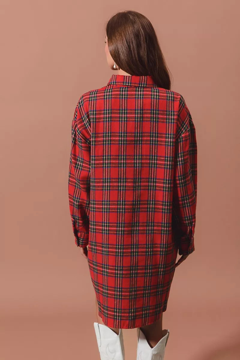 Checker Plaid Button Up Shirt Dress in Red view 9
