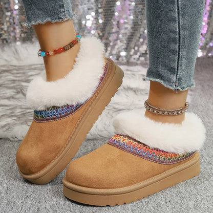 Fur-Lined Platform Boots with Decorative Woven Strap - Fashorio