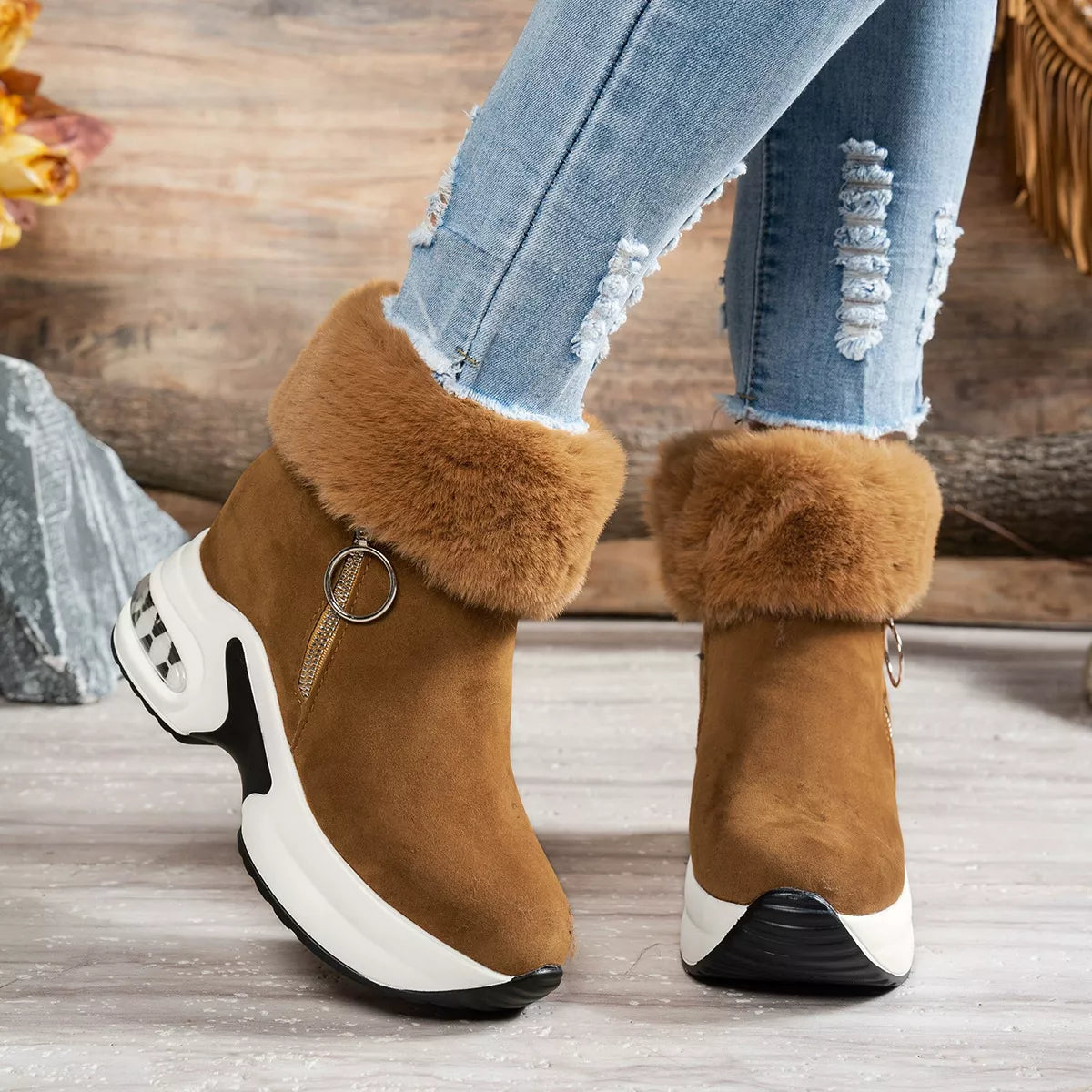Fuzzy platform ankle boots top down view
