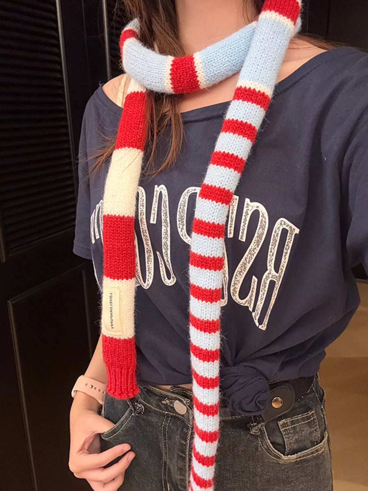 Warm knitted scarf draped for a cozy look