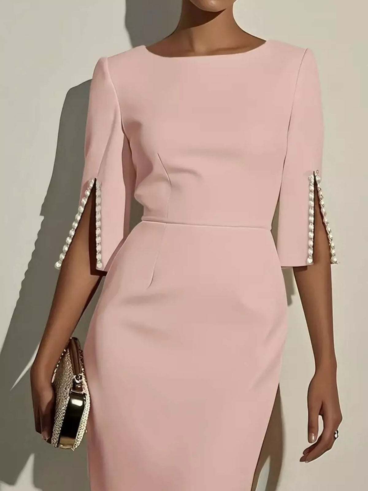 beaded slit sleeve midi dress three quarter view