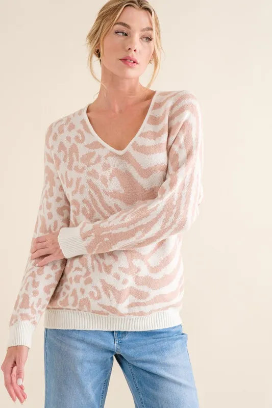 Leopard and Zebra Print Sweater Top in Pale Pink back view