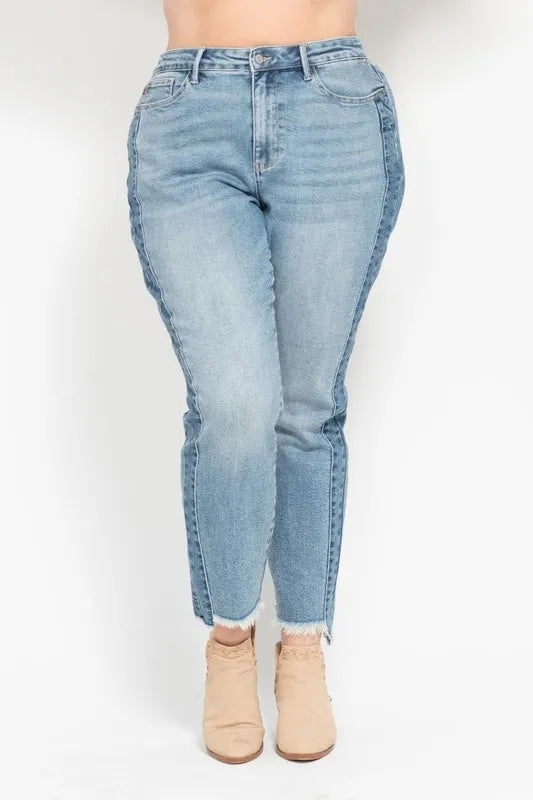 Judy Blue Vintage Wash Side Panel Fray Hem Slim Jeans – Plus Size - Fashorio
