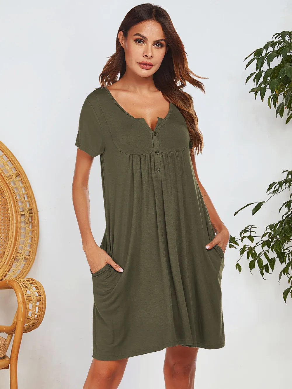 Notched Short Sleeve Mini Lounge Dress Army Green - Fashorio