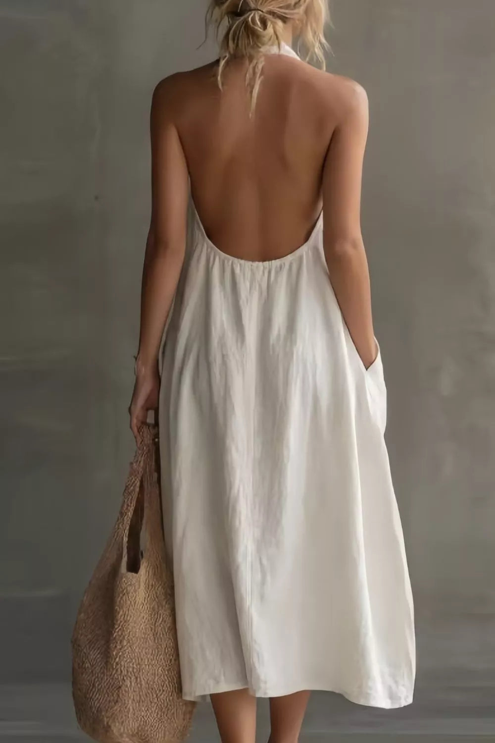 Halter neck pocket midi dress, close up