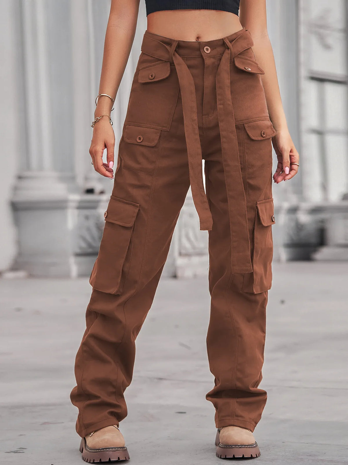 High waist cargo denim hem view
