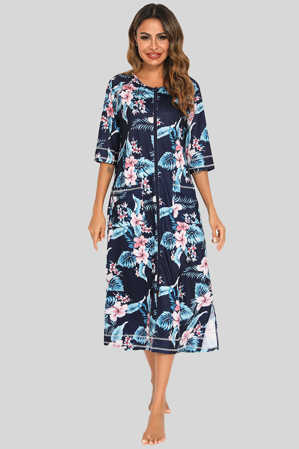 Printed Slit Night Dress with Pockets Dark Navy - Fashorio