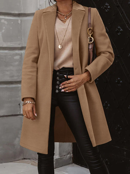Collared Neck Button Up Long Sleeve Coat Camel - Fashorio