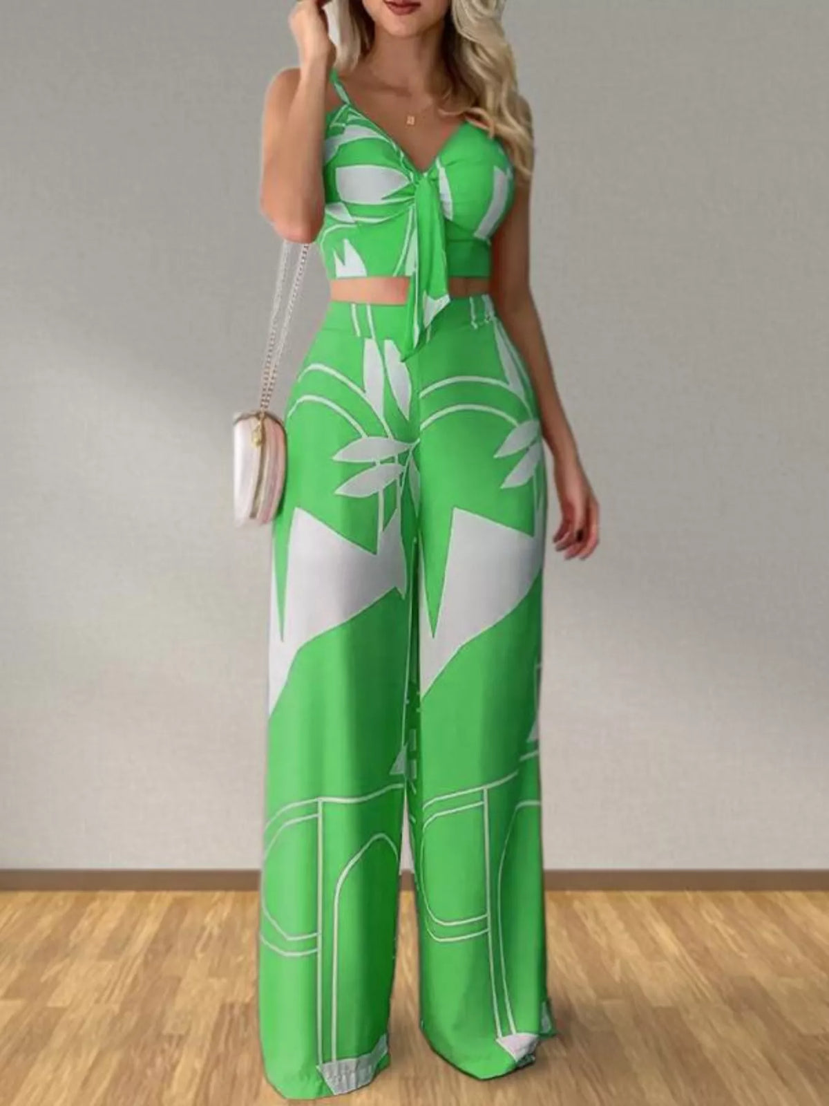 Tropical print wide leg pants full length