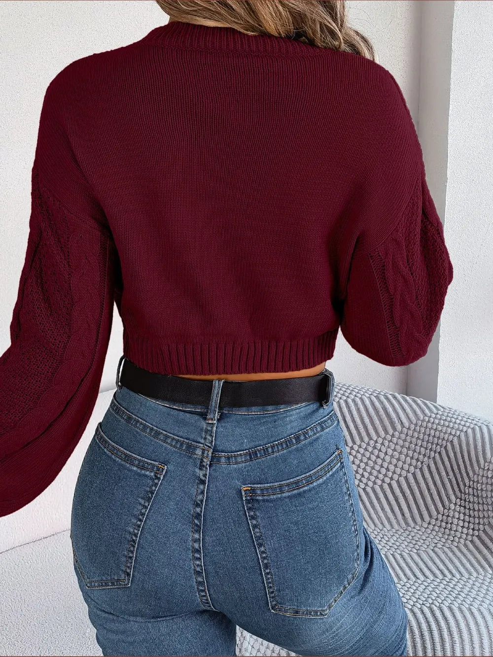 Cable-Knit Round Neck Cropped Sweater - Fashorio