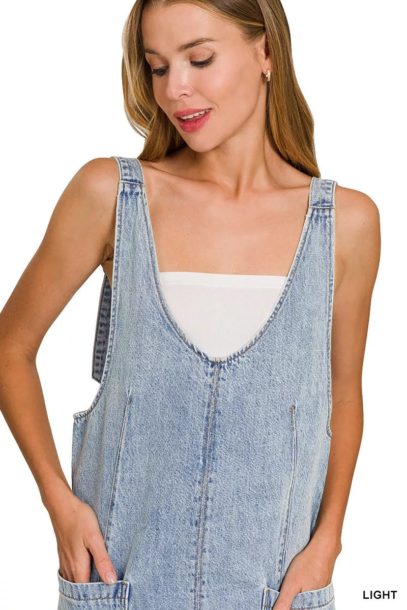 Zenana light wash denim overall dress angled view