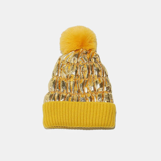 Thermal Knit Hat with Pompom Gold One Size - Fashorio