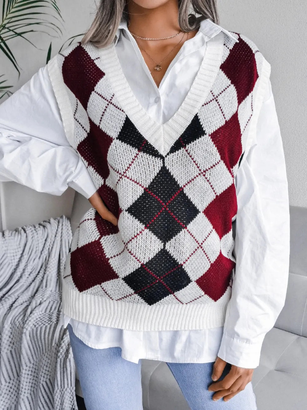 Plaid V Neck Sweater Vest in Khaki view 8