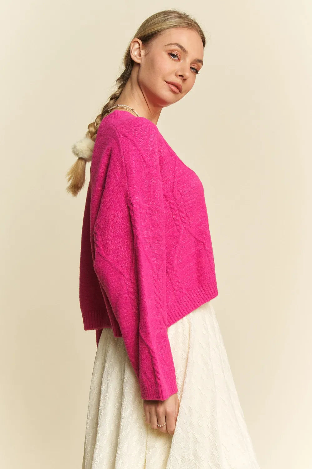 Diamond Cable Knit Drop Shoulder Sweater in Pink detail