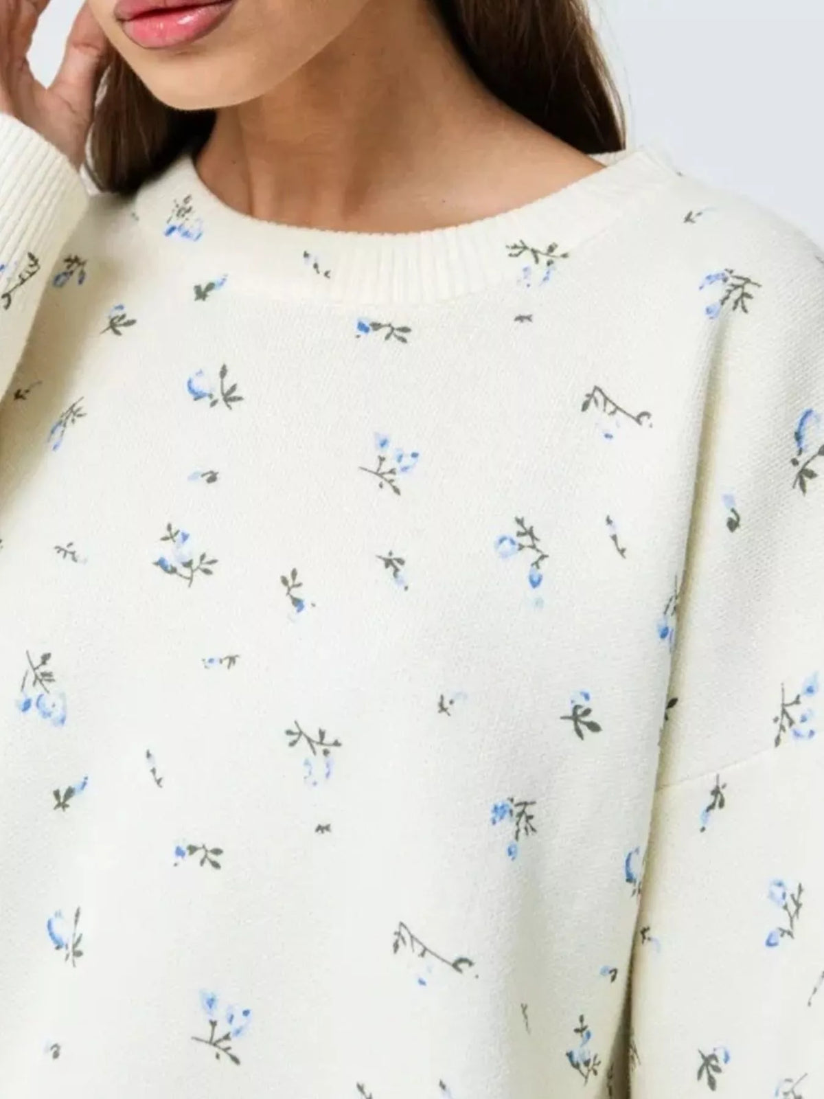 ribbed hem floral long sleeve sweater sleeve and cuff detail