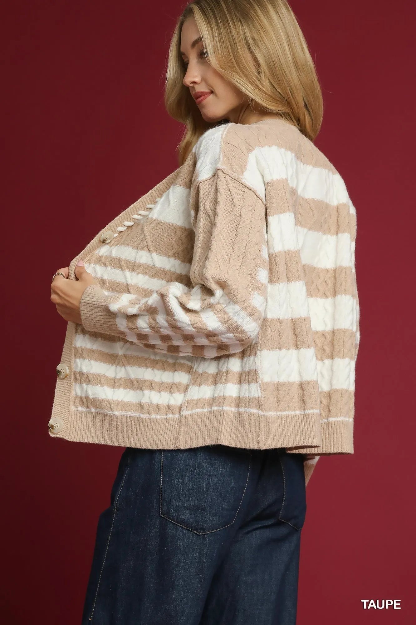 Umgee Cable-Knit Stripe Button-Up Cardigan - Fashorio