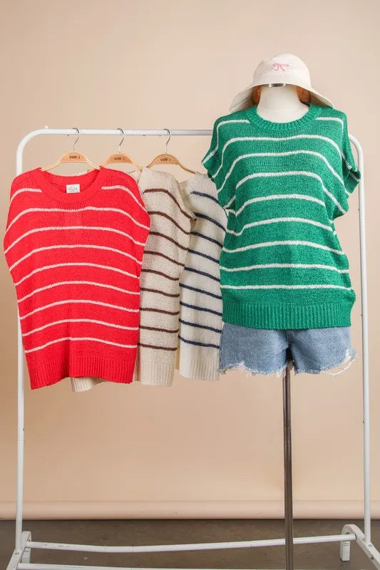 Striped Knit Sweater Vest Top in Green on model